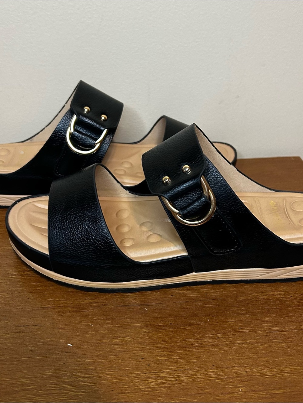 Black Slide Sandals with Gold Ring Accent